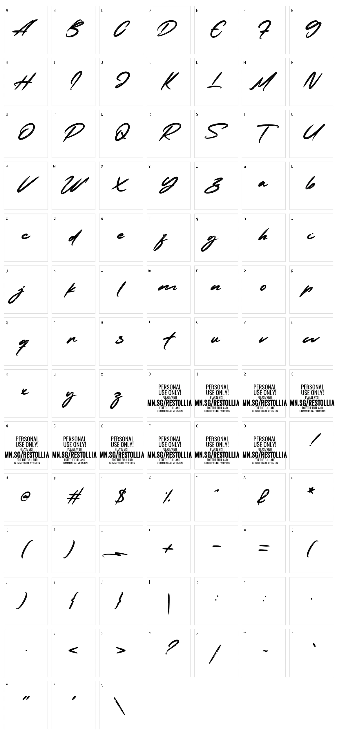 Restollia Script Character Set