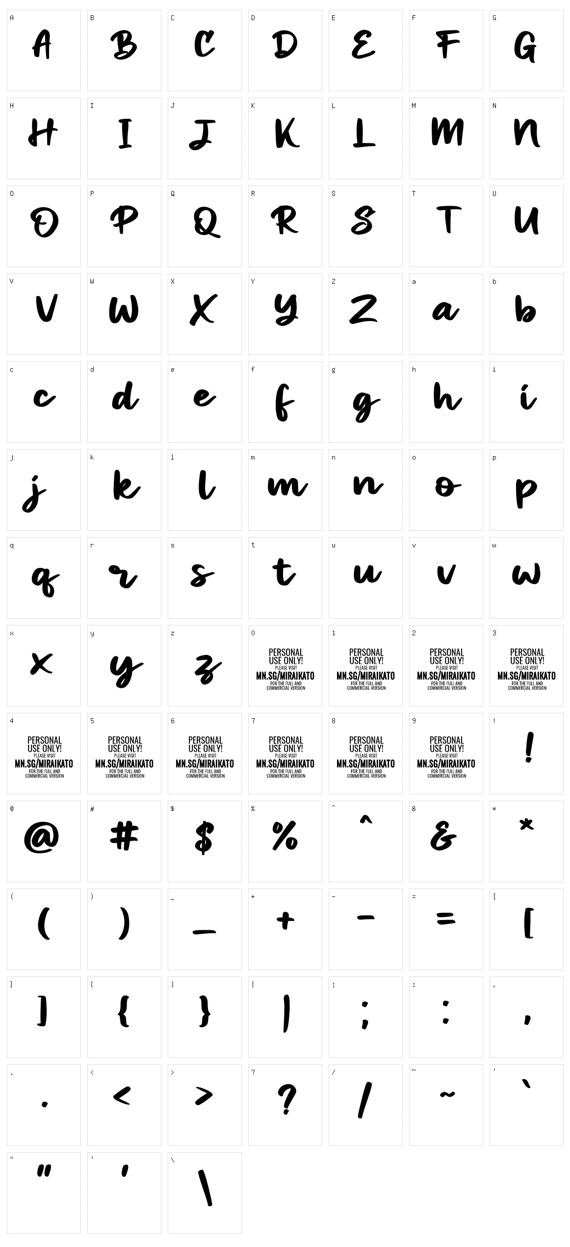 Miraikato Script Character Set