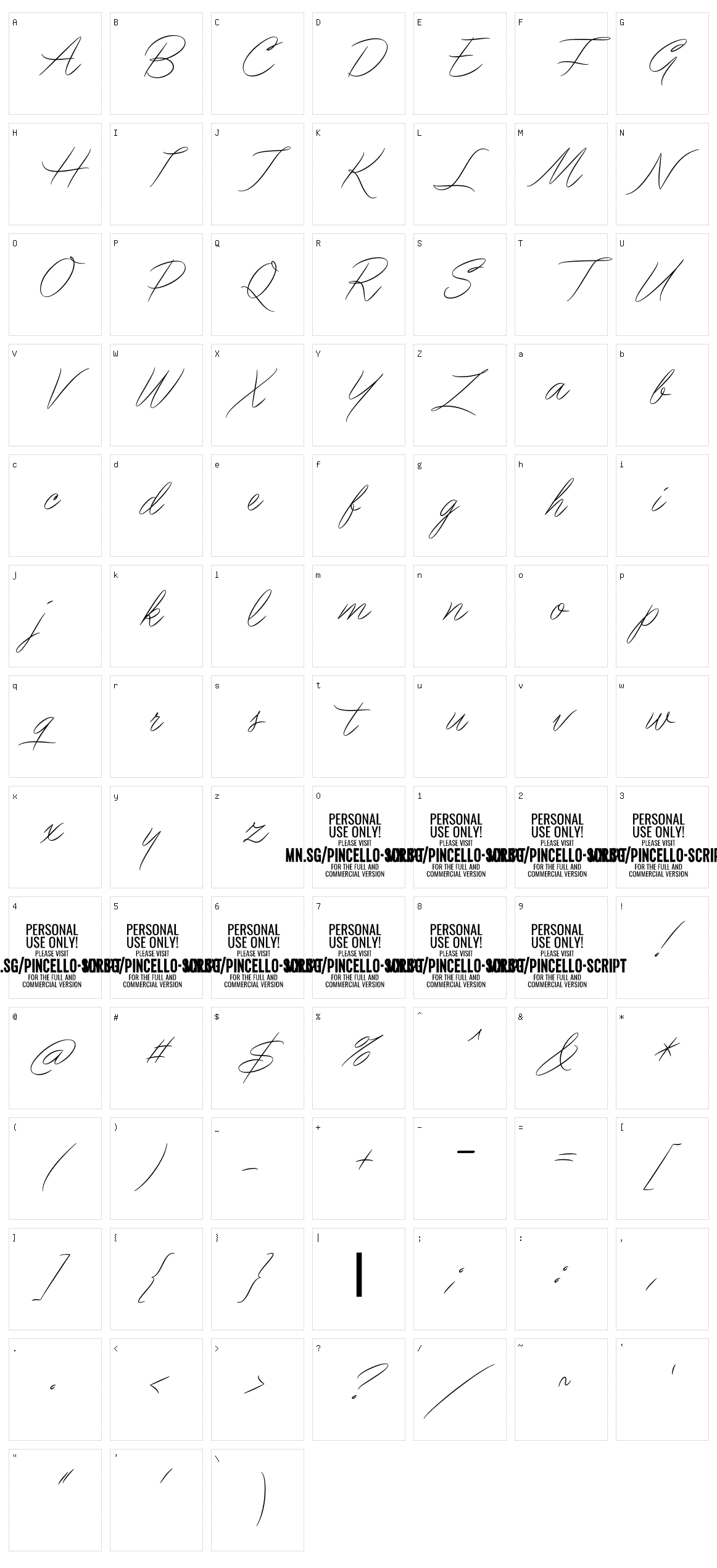 Pincello Script Character Set