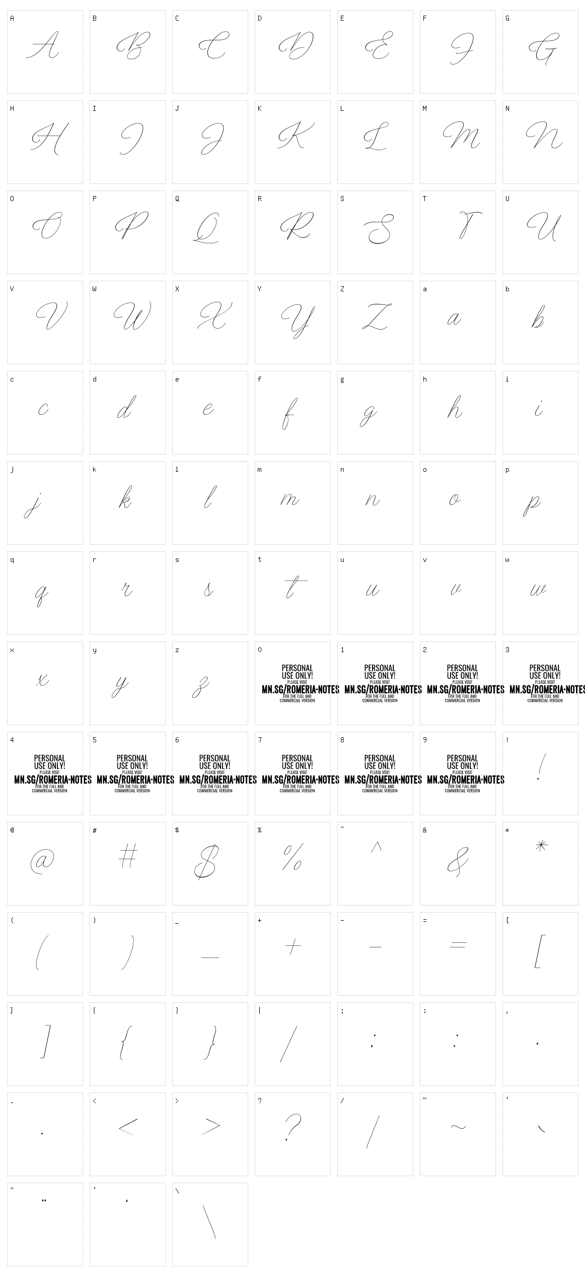 Romeria Notes Character Set