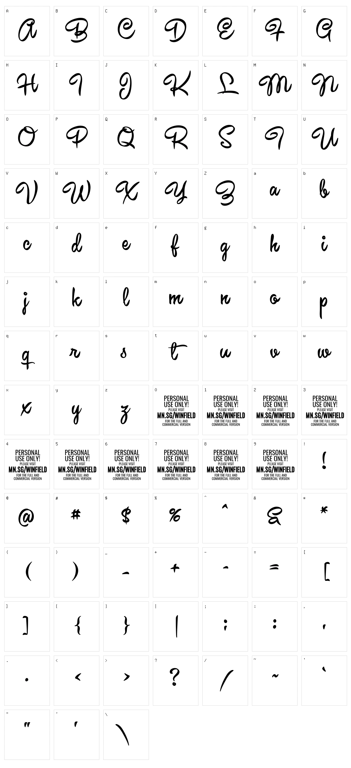 Winfield Script Character Set