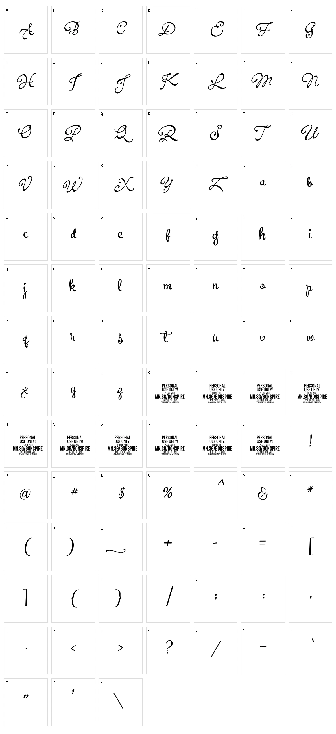 Bonspire Script Character Set