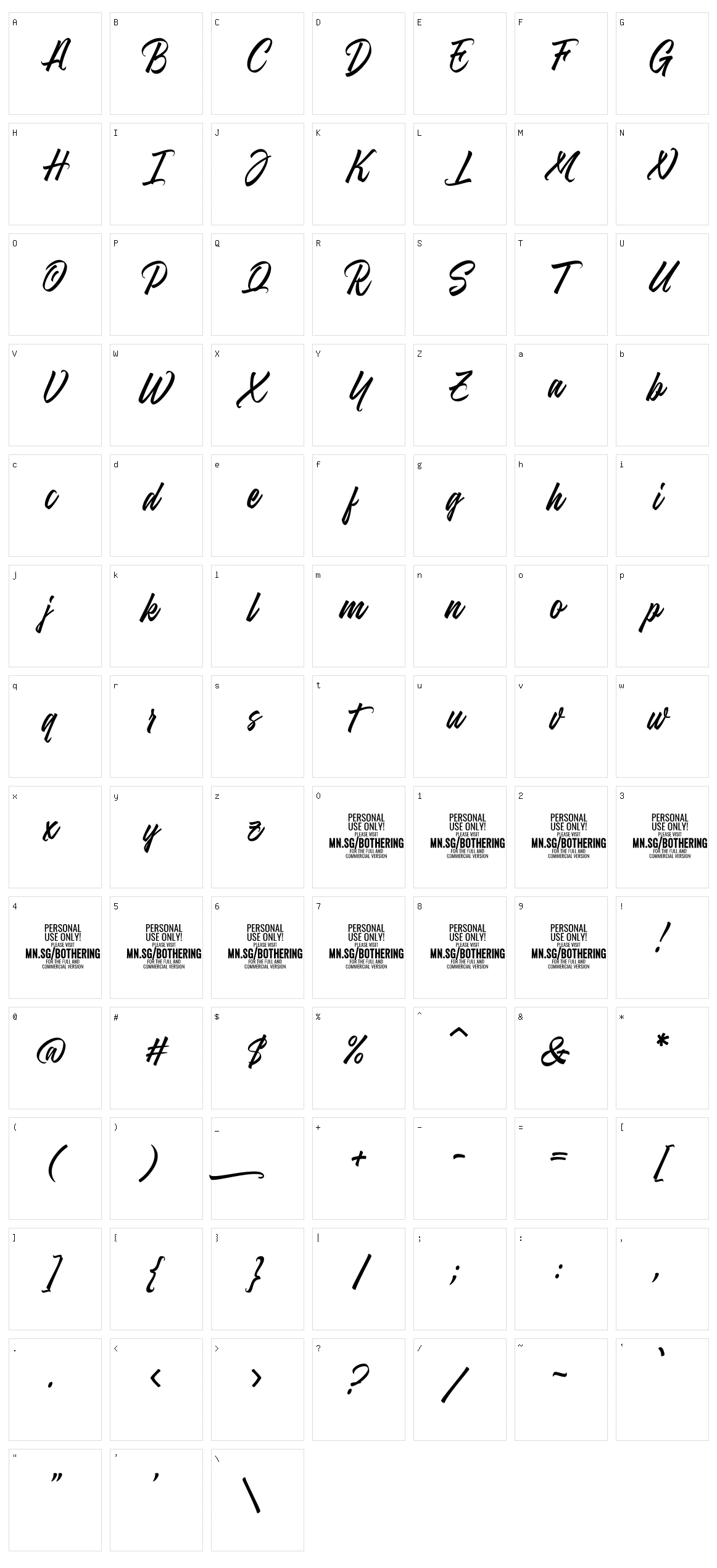 Bothering Script Character Set