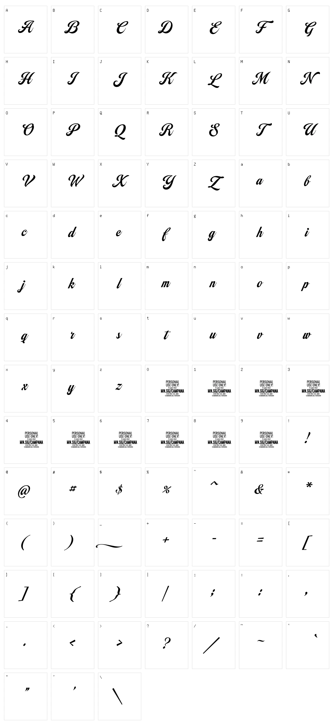 Campana Script Character Set