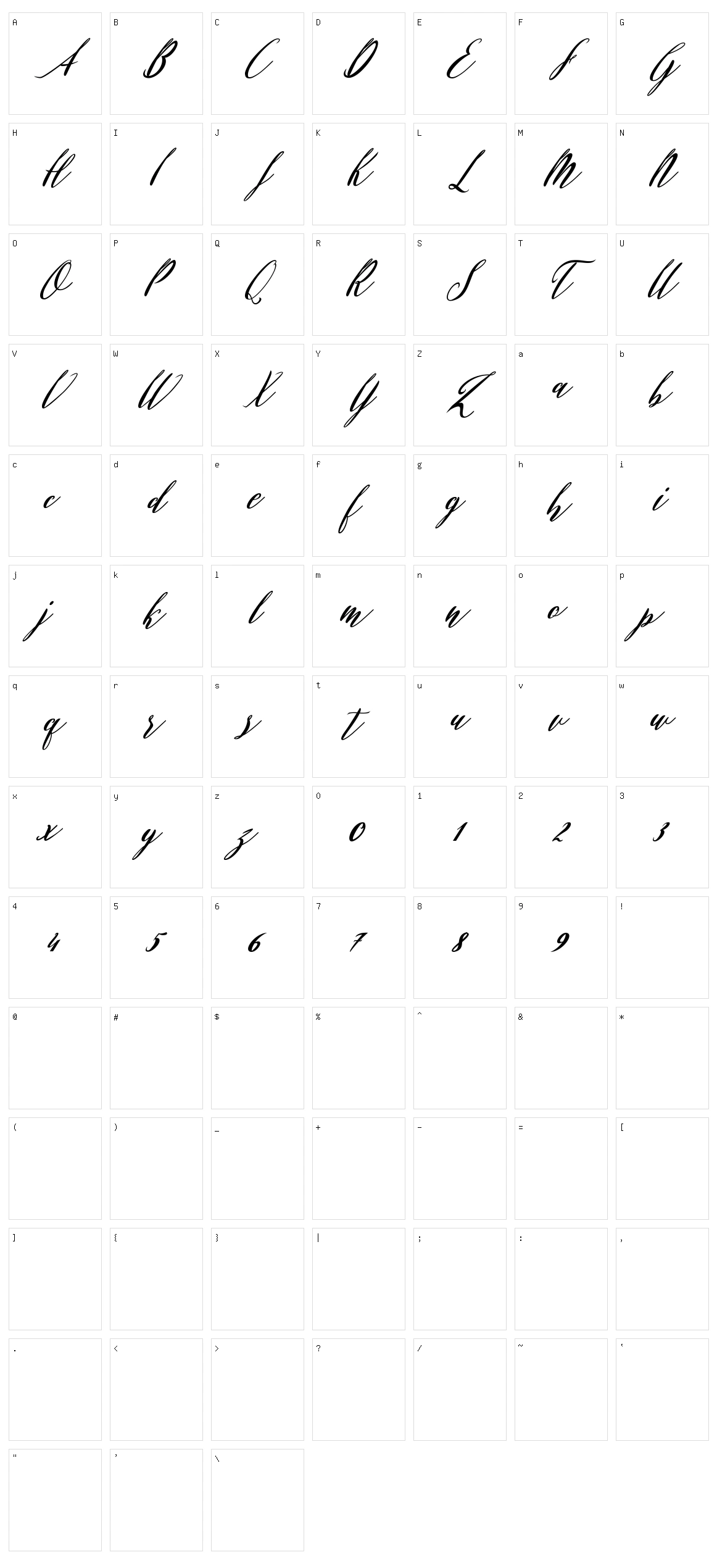 Evelyne Script Character Set