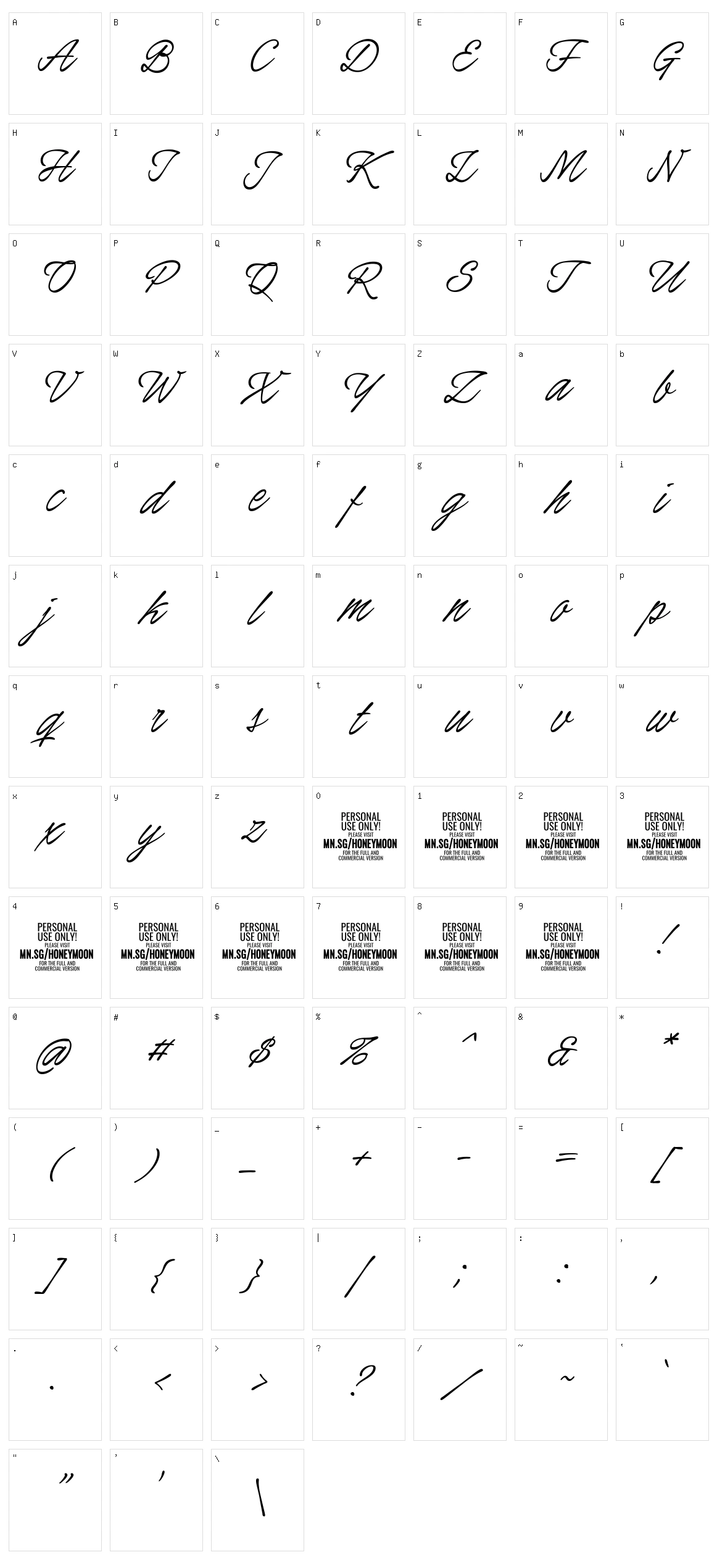 Honeymoon Character Set