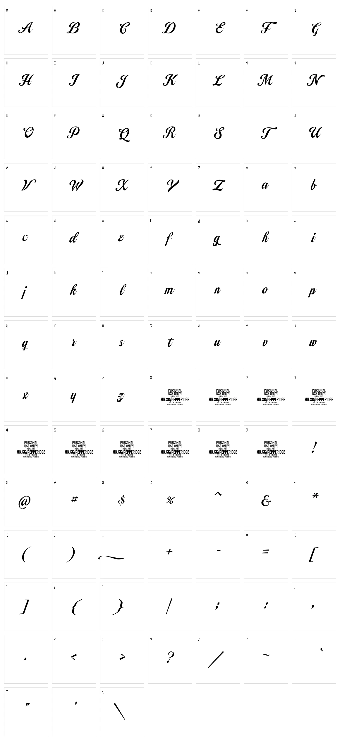 Pepperidge Script Character Set