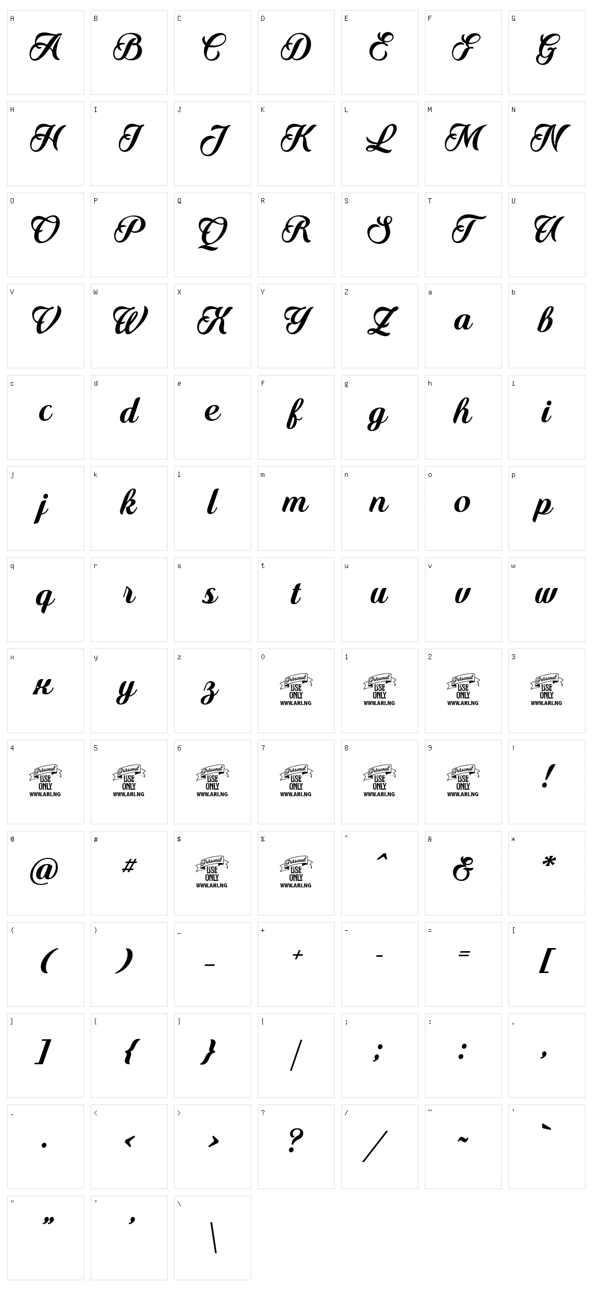 Quincho Script Character Set