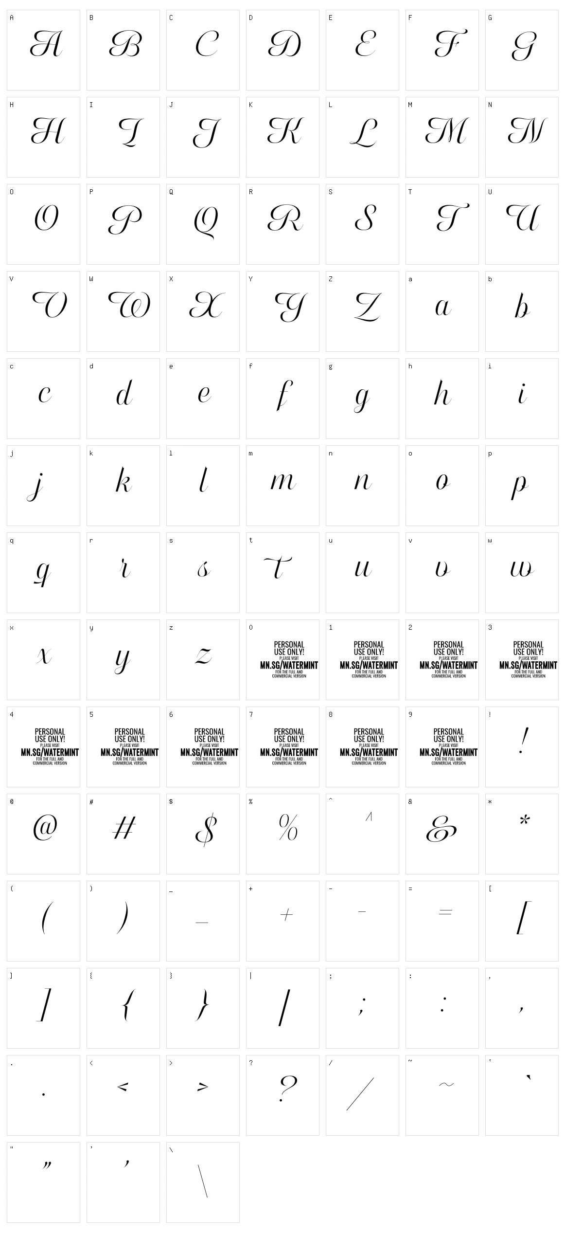 Watermint Script Character Set