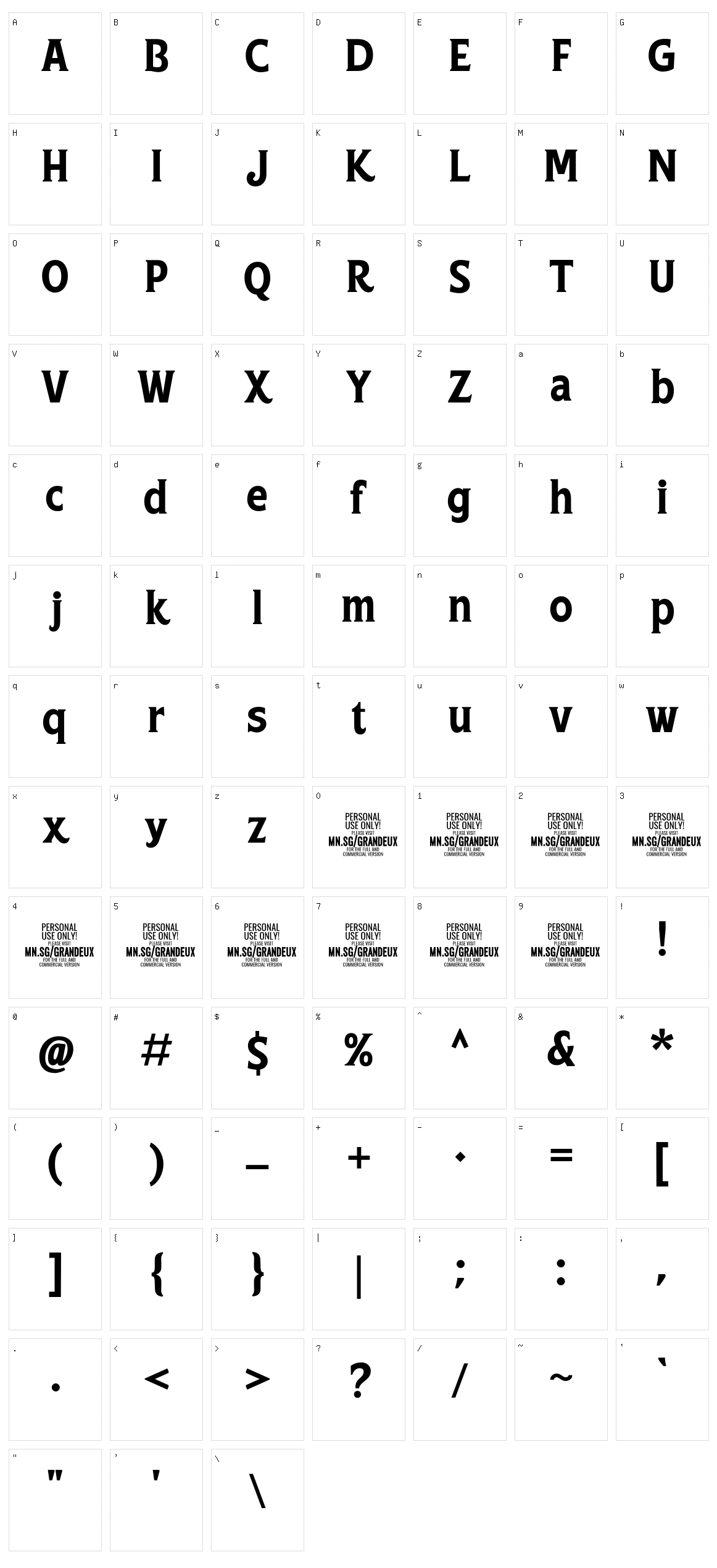 Grandeux Serif Character Set
