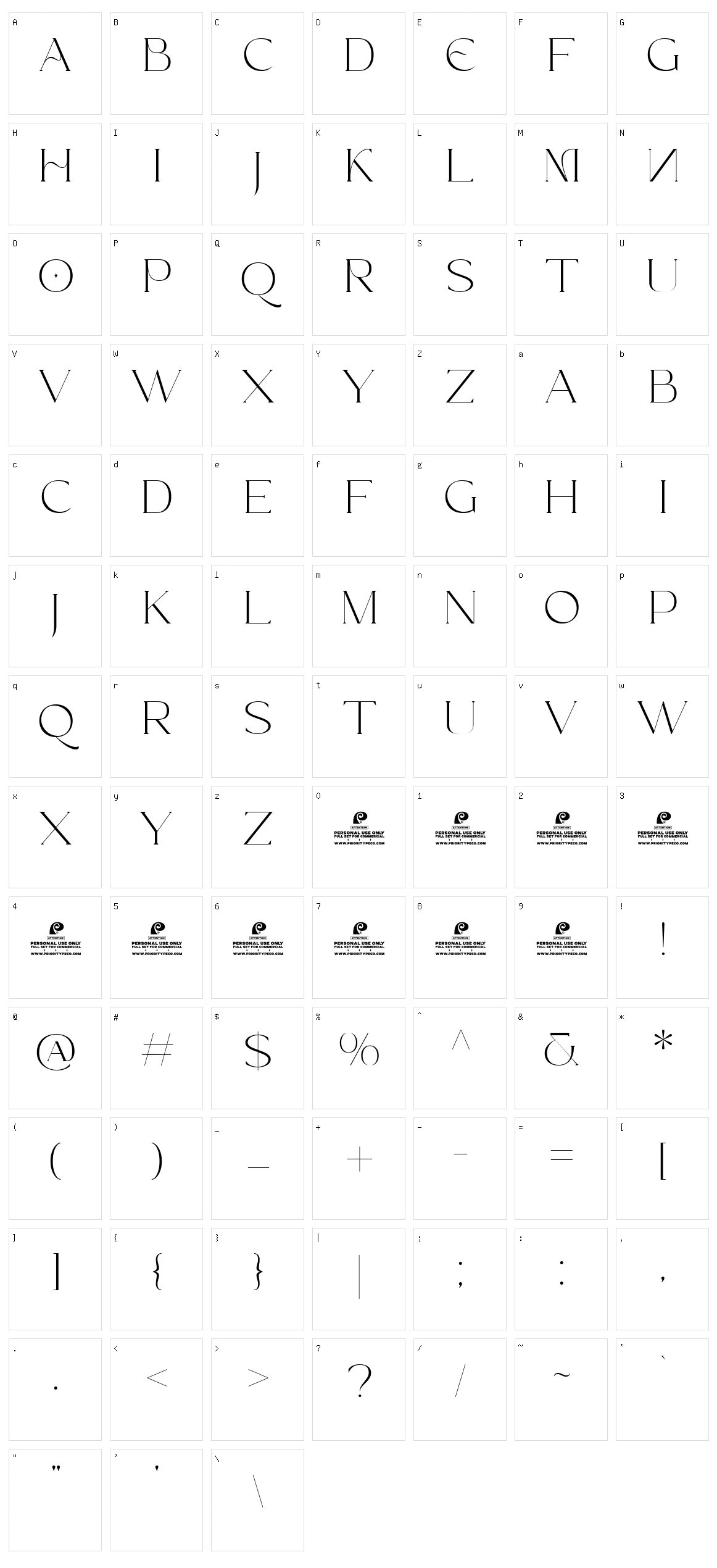 Treading Serif Character Set