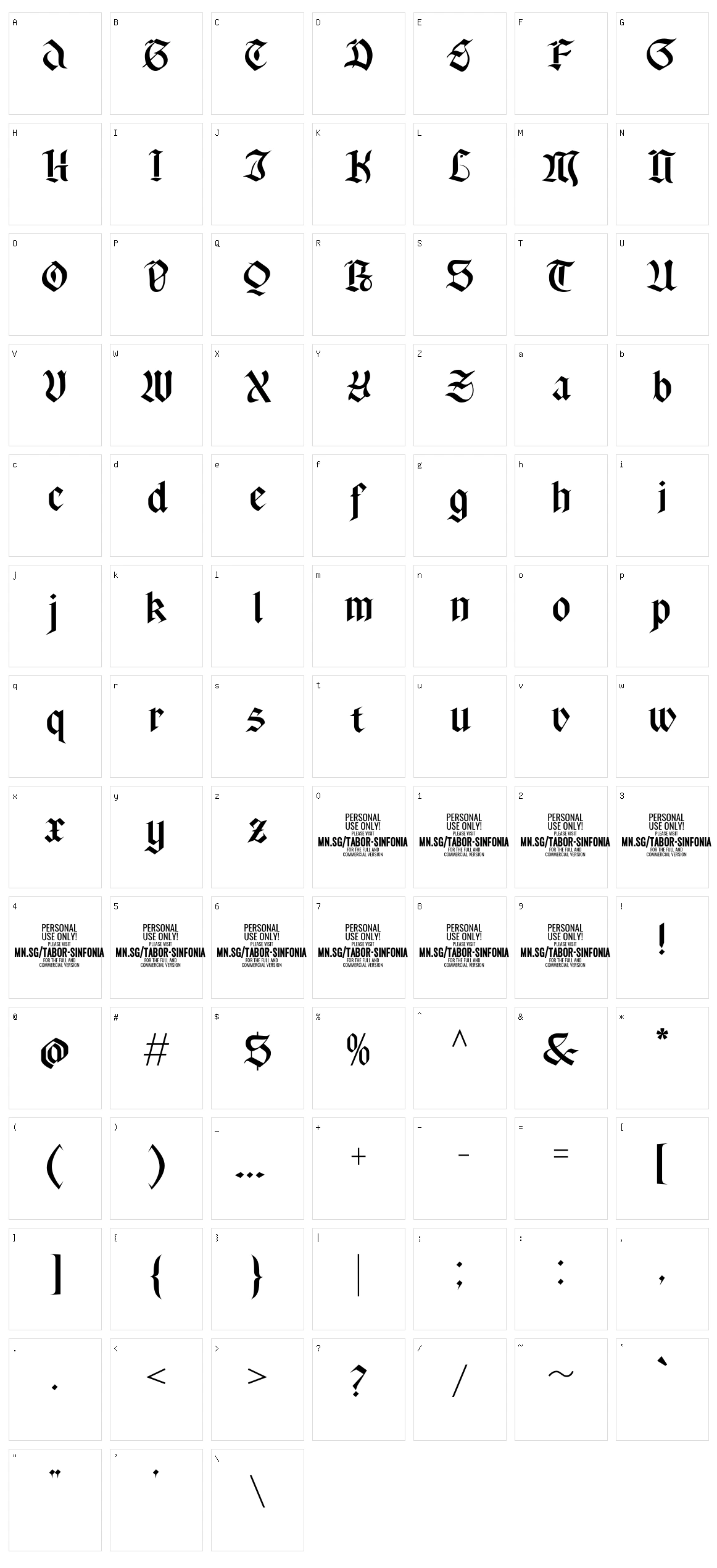 Tabor Sinfonia Character Set