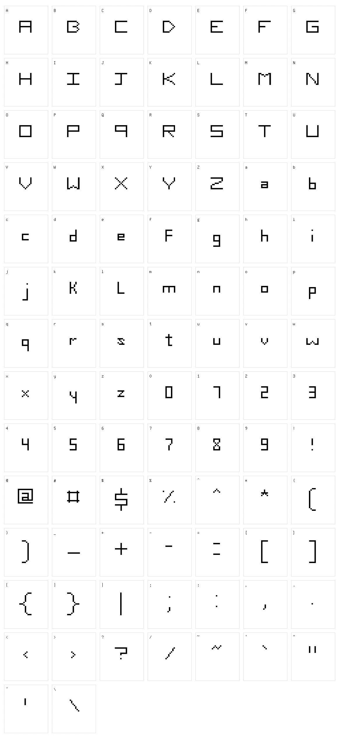 Slim Thirteen Pixel Fonts Character Set