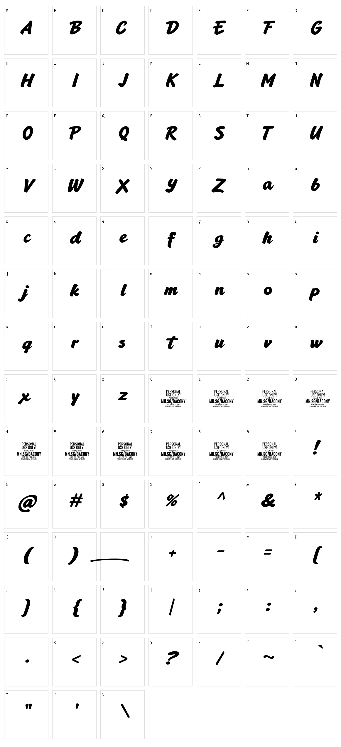 Bacony Script Character Set