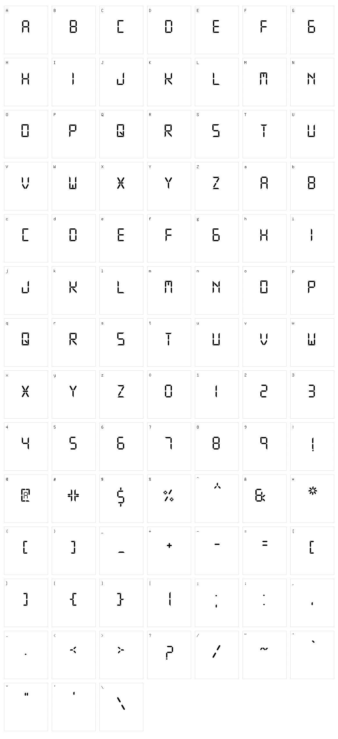Digital Display TFB Character Set