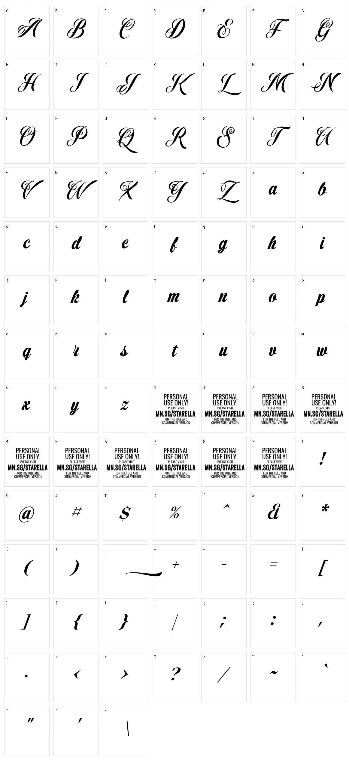 Starella Script Character Set