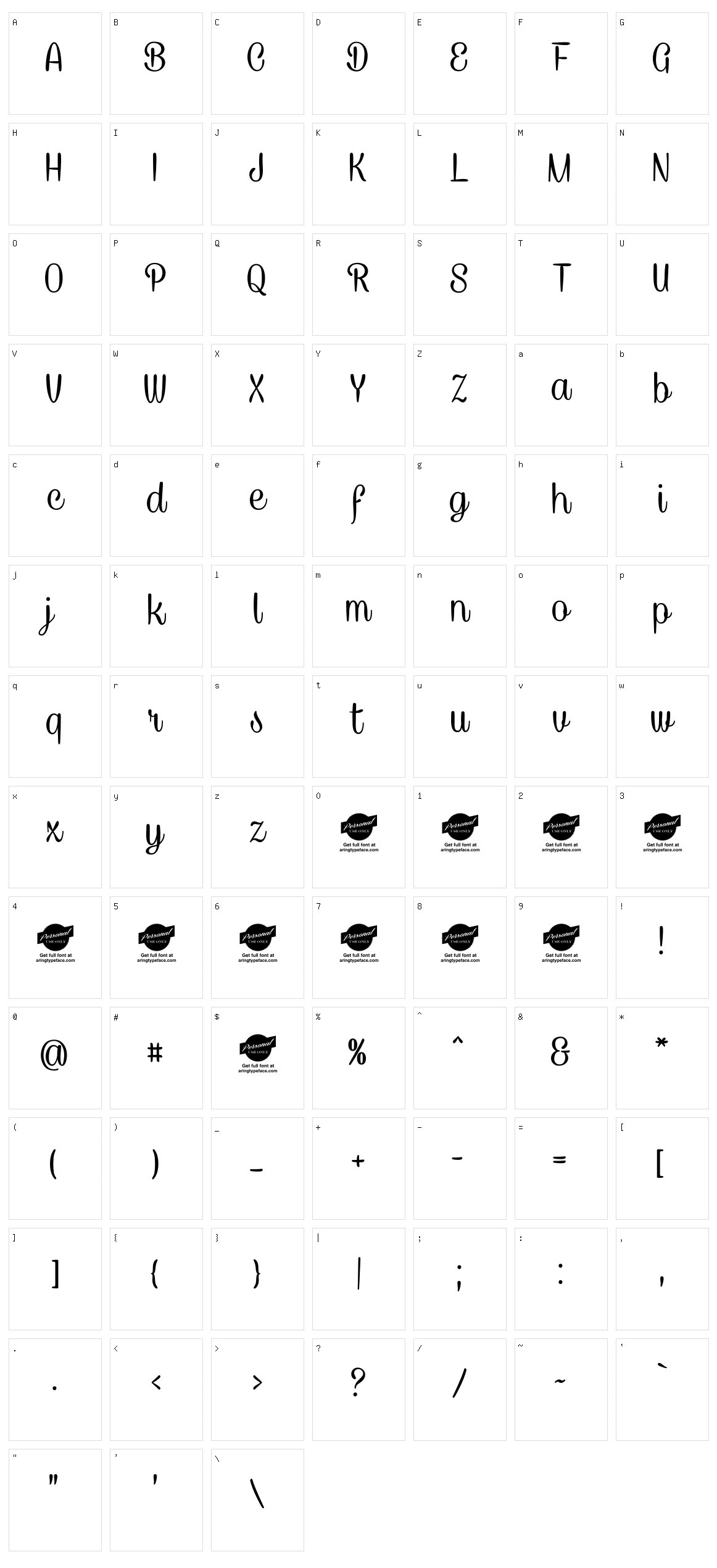 Caneletter Script Character Set
