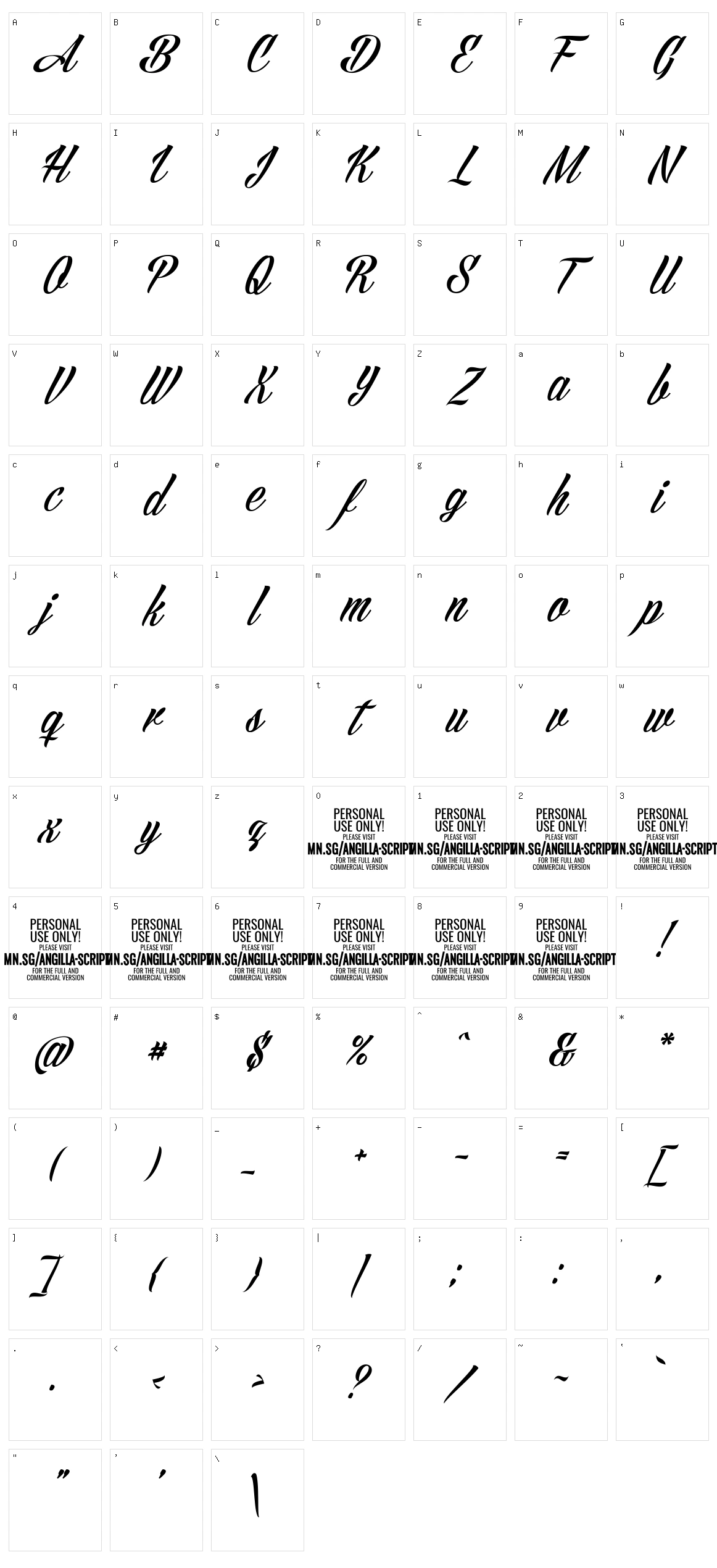 Angilla Script Character Set