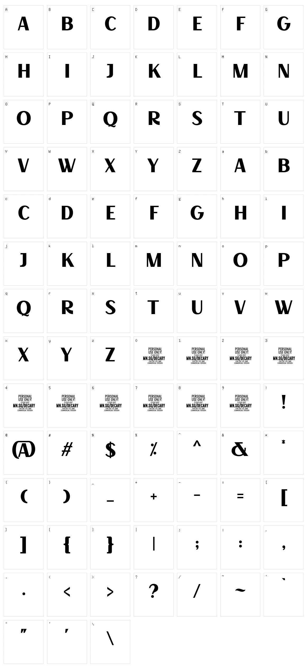 Decary Sans Character Set