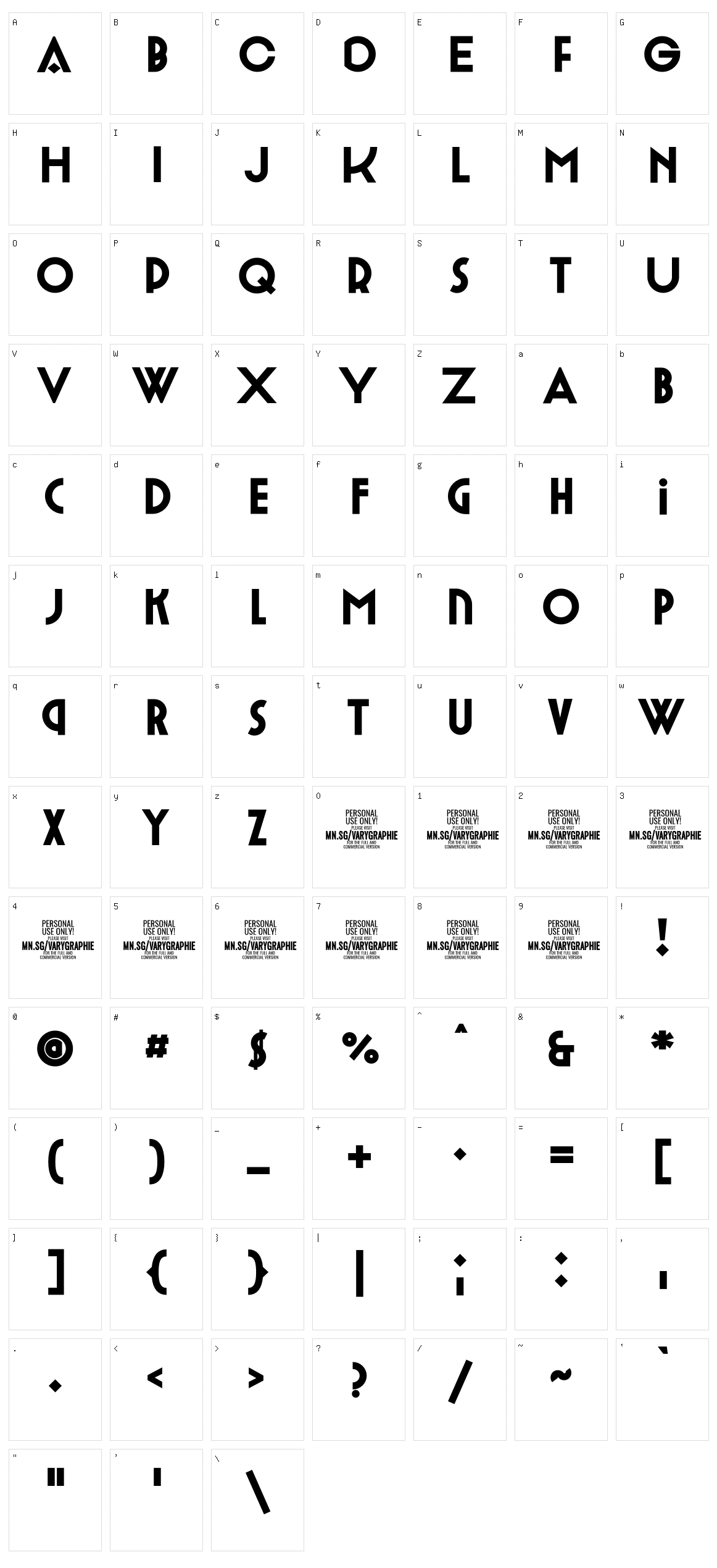 Varygraphie Character Set