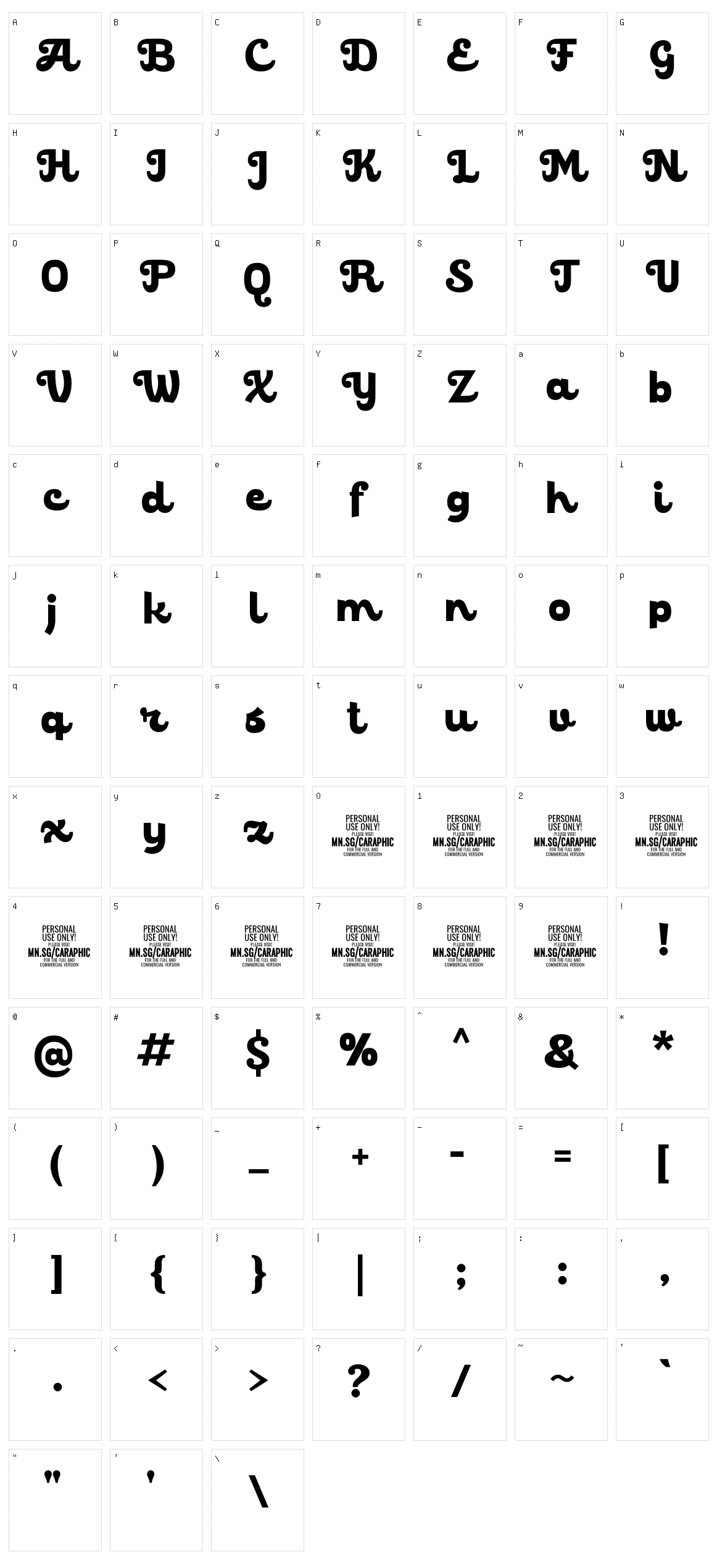 Caraphic Script Character Set