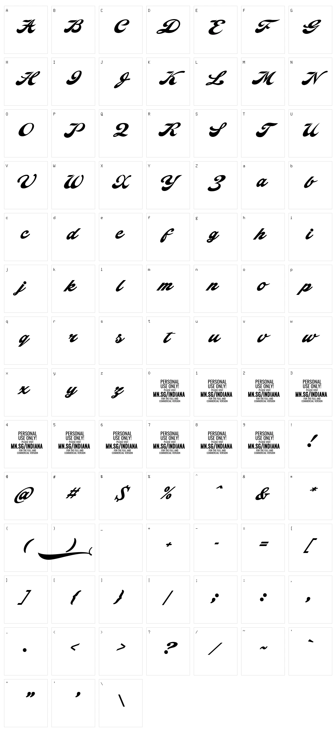 Indiana Script Character Set