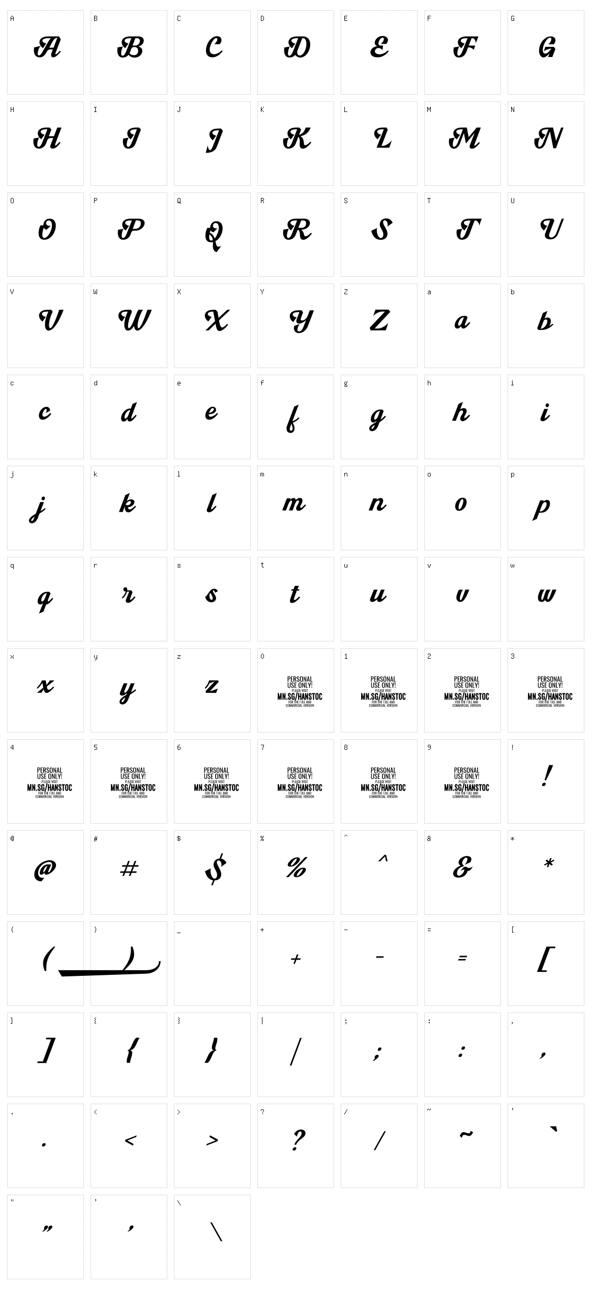Hanstoc Script Character Set