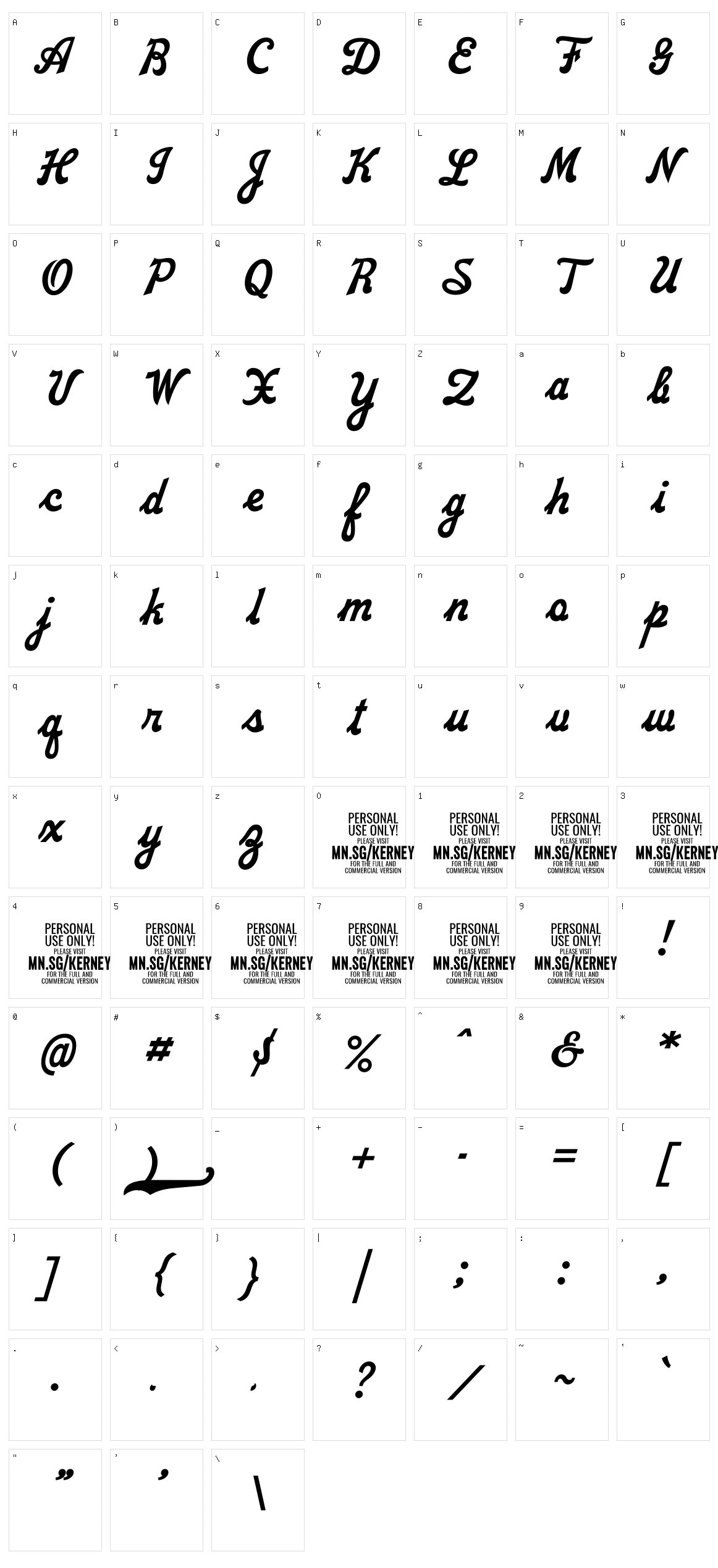 Kerney Script Character Set