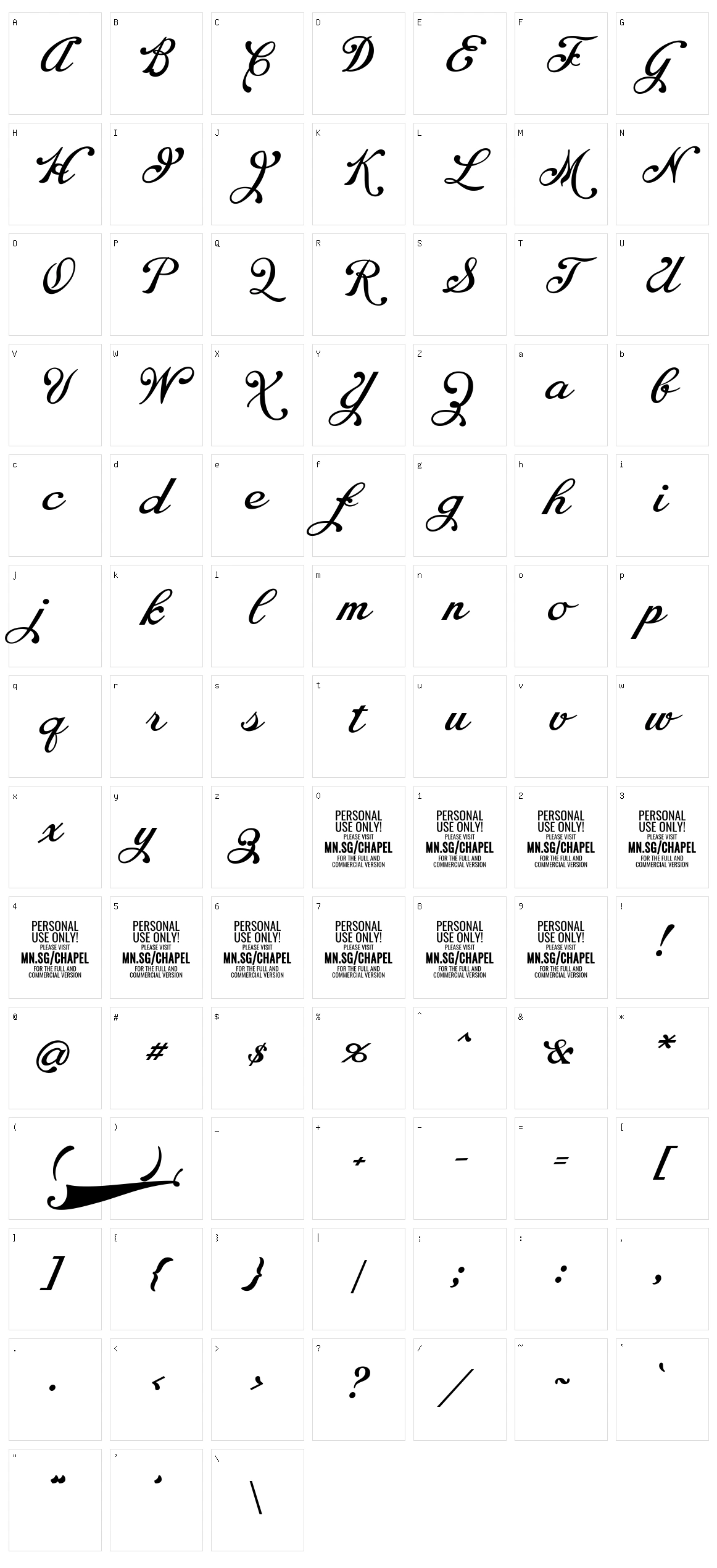 Chapel Script Character Set