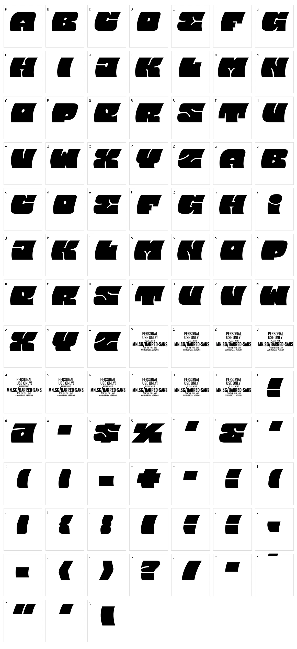 Barred Sans Character Set
