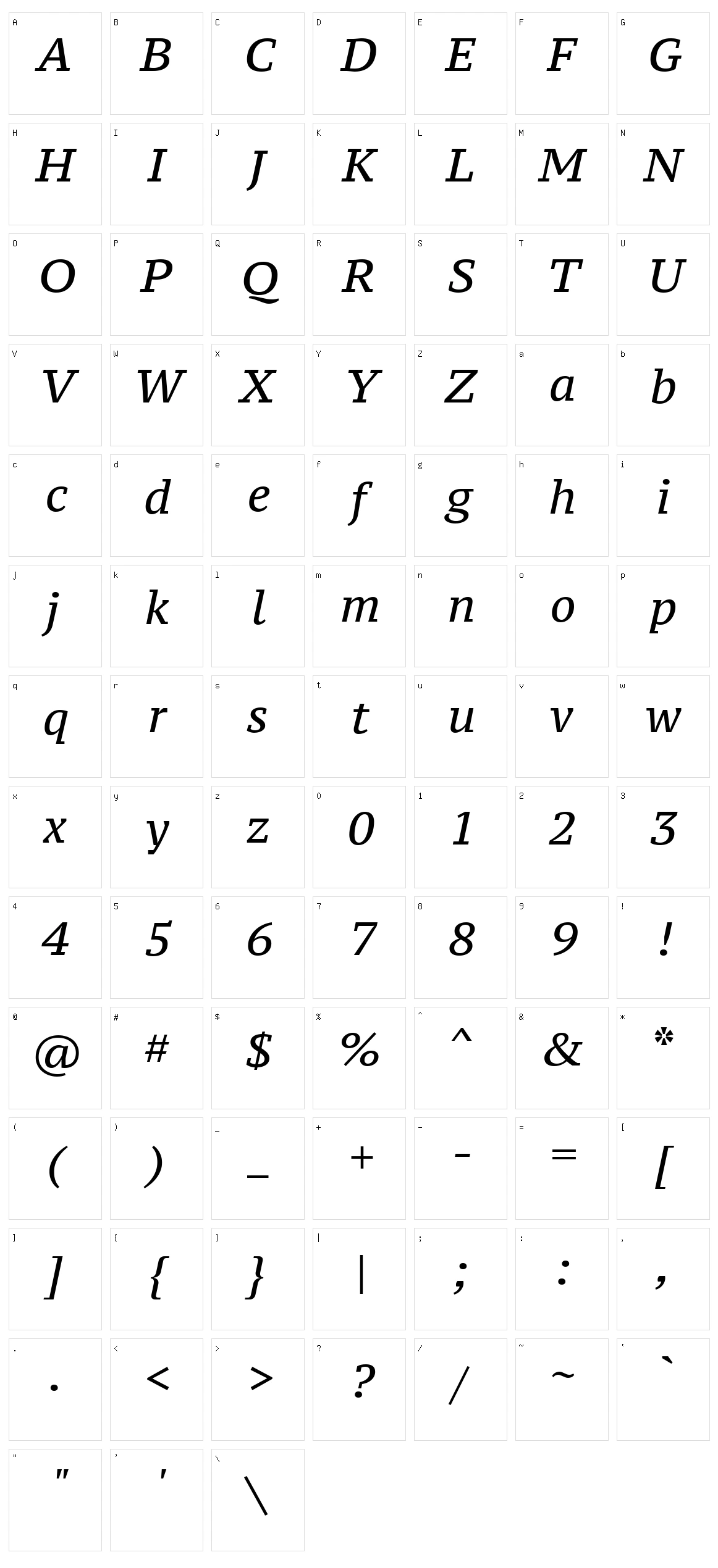 Pt serif caption Character Set
